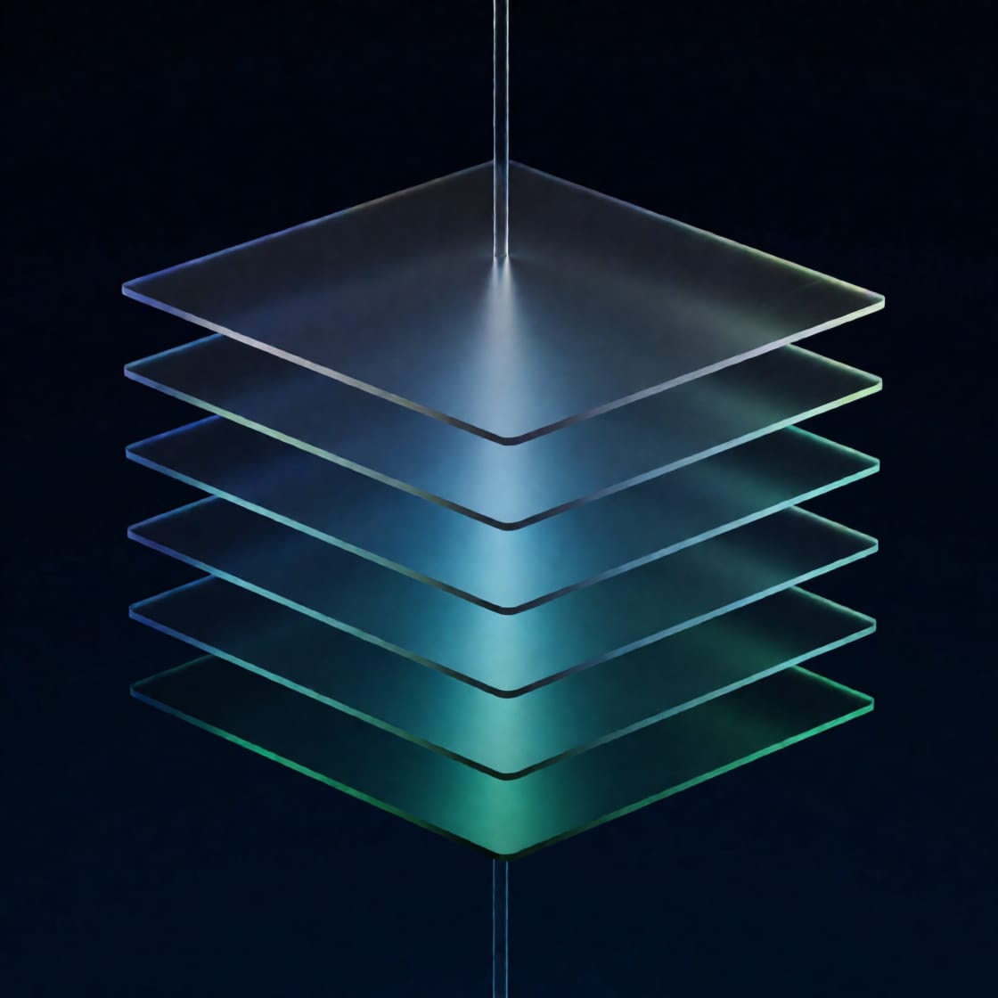 Six translucent glass planes stacked, a beam of light passing through all of them