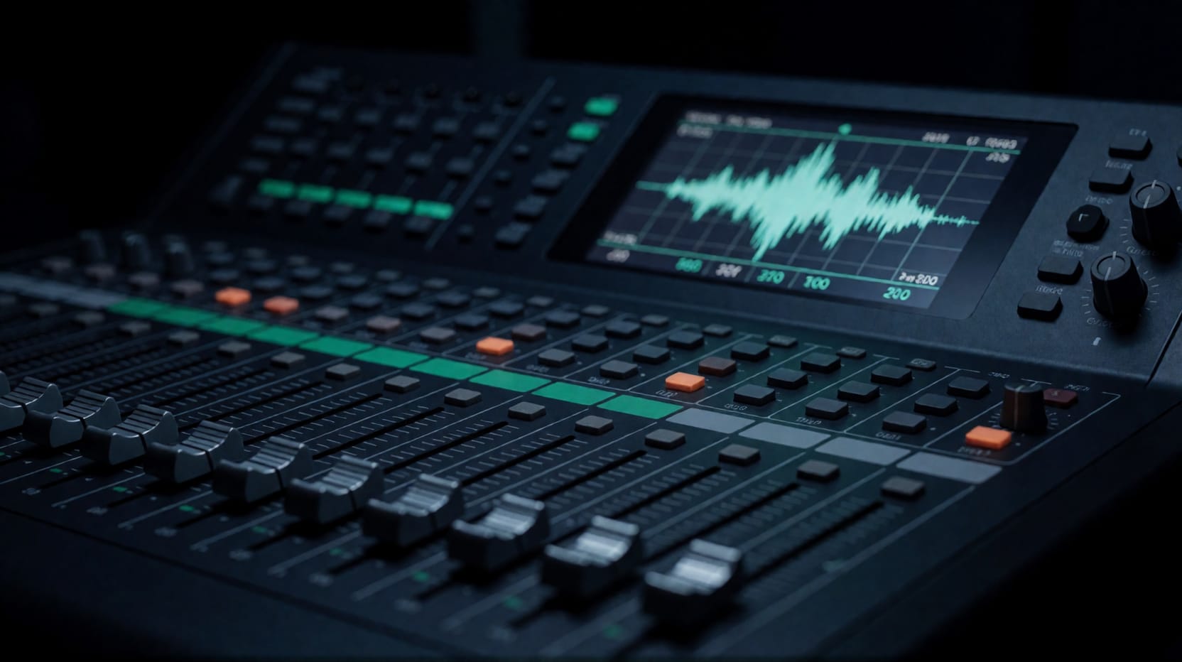 Audio mixing console with glowing faders in a dark studio