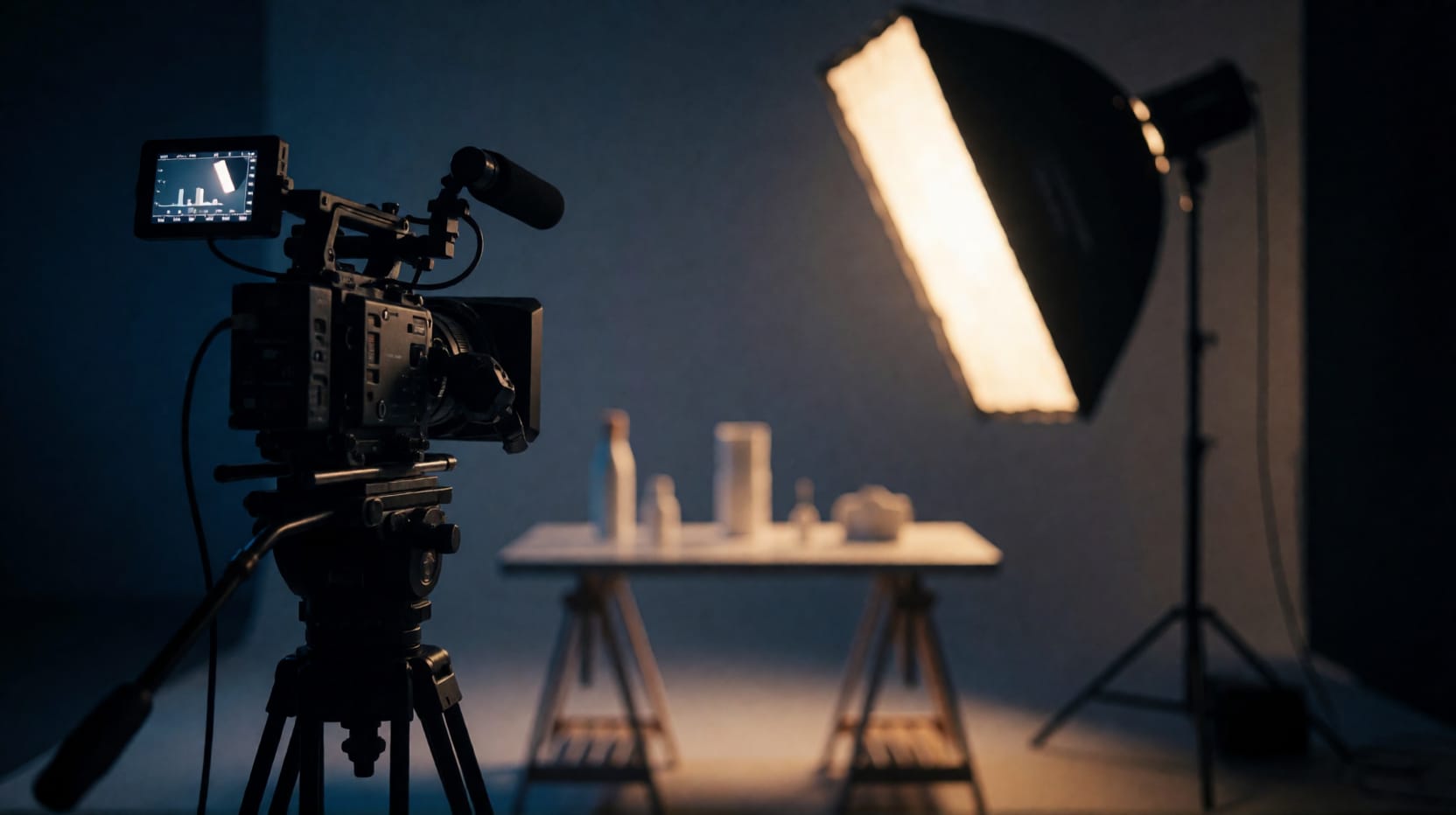 Cinema camera facing a lit product table in a dark studio